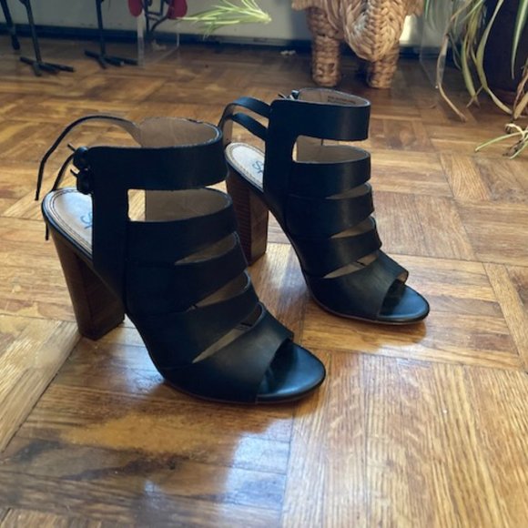 Splendid Black Leather and Wood Strappy High Heels Size 6 - Picture 2 of 7